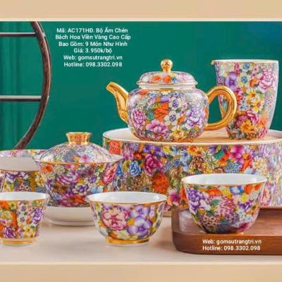 BỘ ẤM CHÉN BÁCH HOA VIỀN VÀNG CAO CẤP